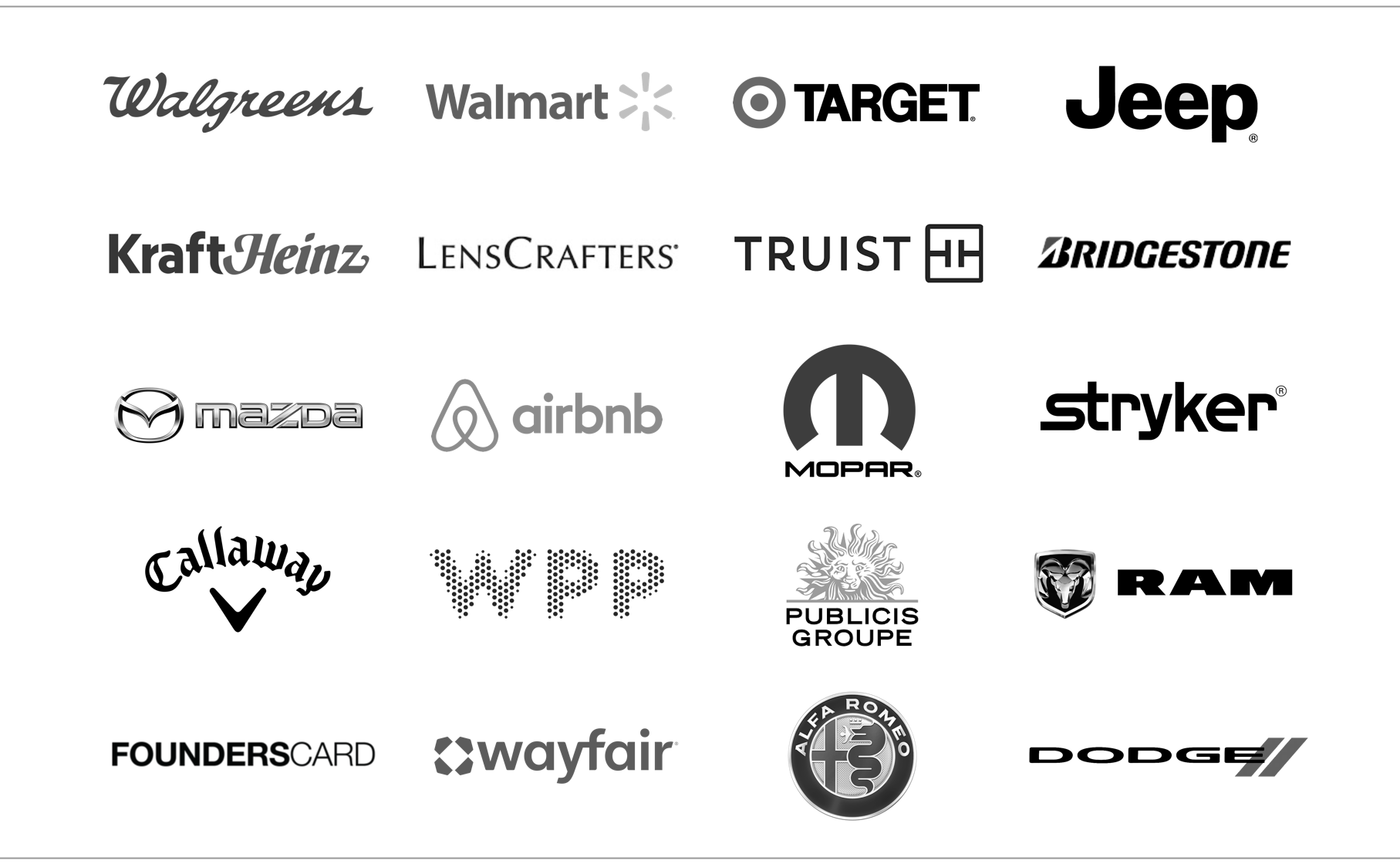 Logos of past clients including Walgreens, Walmart, Target, Jeep, Kraft Heinz, LensCrafters, Truist, Bridgestone, Mazda, Airbnb, Mopar, Stryker, Callaway, WPP, Publicis Groupe, RAM, FoundersCard, Wayfair, Alfa Romeo and Dodge